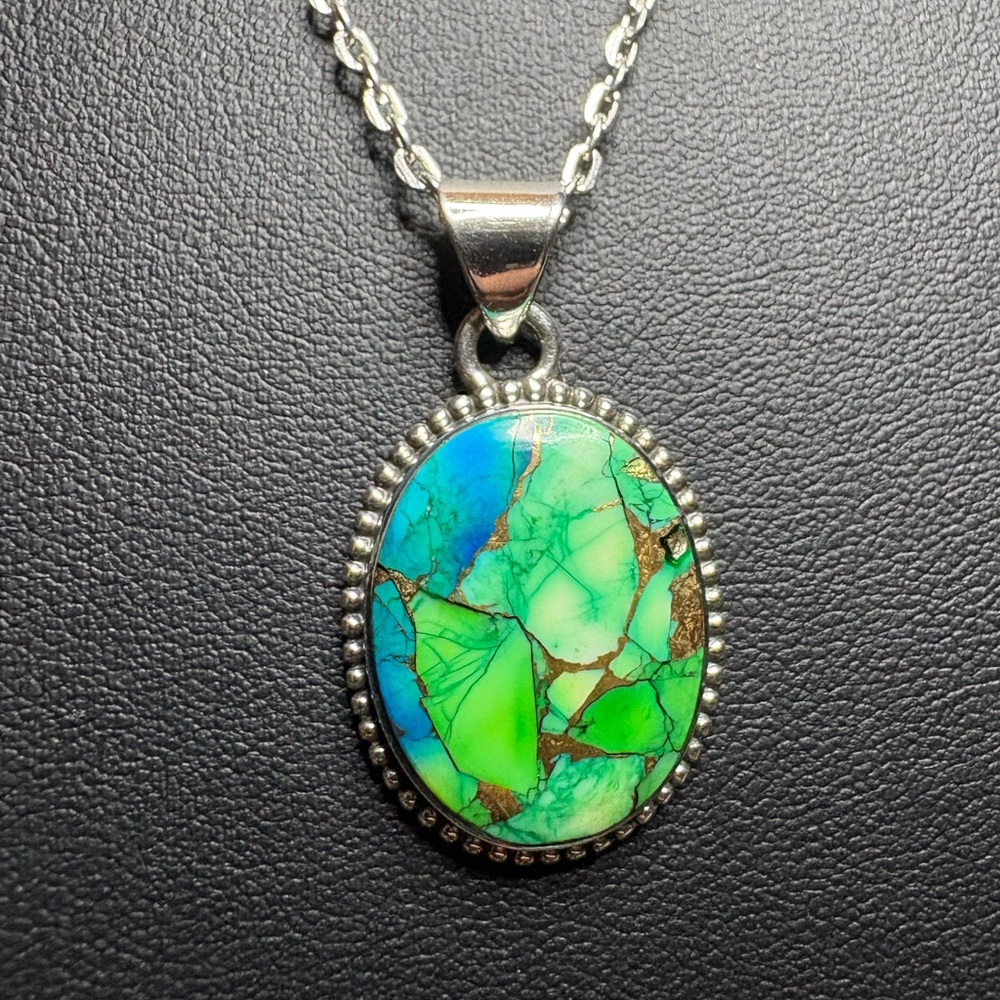 Pendant Peacock Dahlia Turquoise 925 Sterling Silver Oval Statement Necklace - Picture 2 of 8